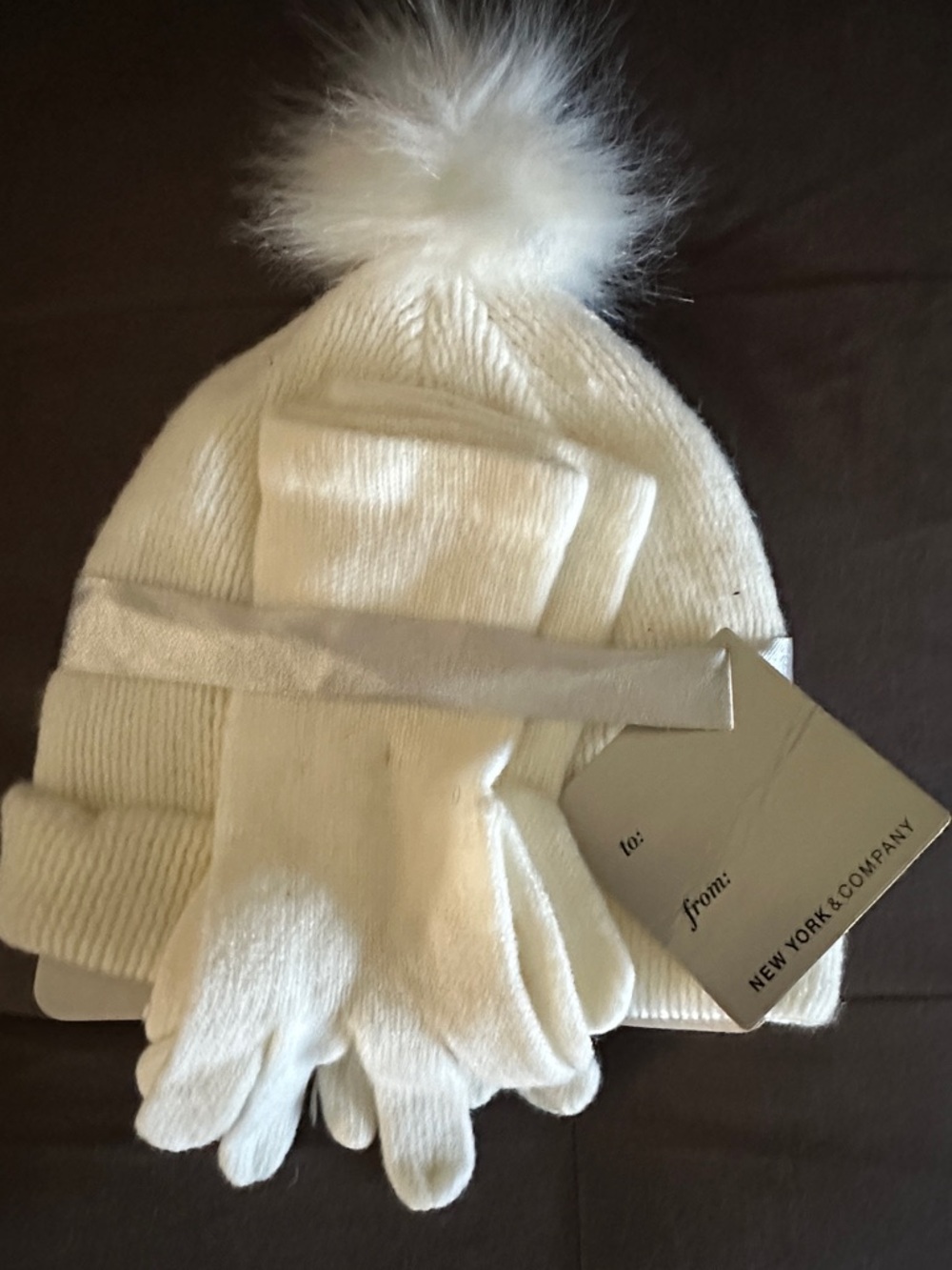 New York & Company Kids Cream Knit Pom-Pom Beanie with Matching Gloves